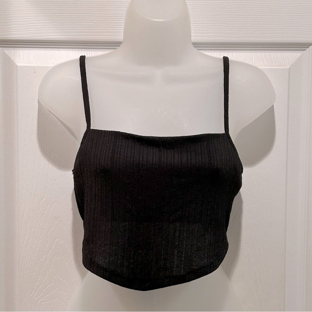 Blashe Women’s Black Crop Top Tie Back Adjustable Spaghetti Straps Boho Sz Small
